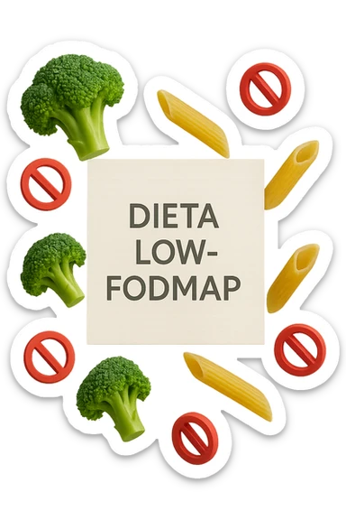 BROCCOLETTI E PENNE DI PASTA RIGATE FLUTTUANO IN ARIA insieme a piccoli divieti 3d, DAVANTI A LORO FLUTTUA UN FOGLIO CON LA SCRITTA "dieta low-fodmap" sticker