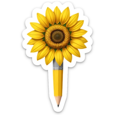 A hyper-realistic object that is half sunflower and half wooden pencil, merging seamlessly at the midpoint. Bright yellow petals, natural textures, detailed graphite tip, soft studio lighting, high-resolution. sticker