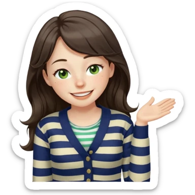 Gorgeous brunette girl green eyes pale with freckles, eyes shut tight happily smiling, striped cream and navy blue cardigan and cream shirt, with swoop bangs and long wavy hair laughing eyes squinted closed, one hand placed on stomach sticker