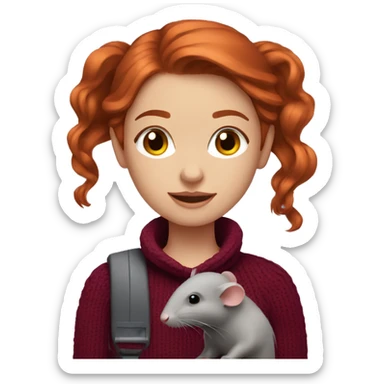 redhead girl with long hair and Dyson styling in a burgundy sweater and a grey rat on her shoulder sticker