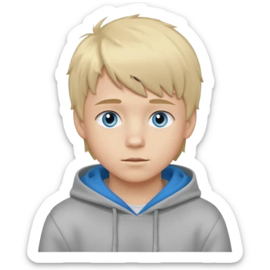 Teen boy with blue eyes and Grey hoodie standing up with blond short hair and fluffy bangs sticker