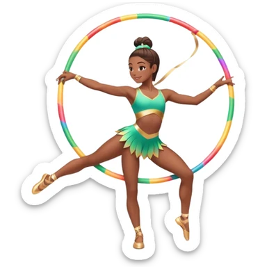 An energetic gymnast performing aerobics with a hula hoop. The gymnast is spinning the hoop around their waist in an elegant pose. The background is a lively fitness studio with colorful lights and an active atmosphere, showcasing movement and grace. sticker