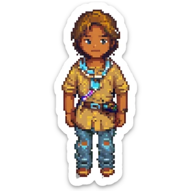 Make the boy's skin tone tan, keep everything else the same, pixel art style, with no background. sticker