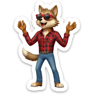friendly anthropomorphised wolf in jeans and plaid shirt, wearing dark sunglasses, howling, upright pose sticker
