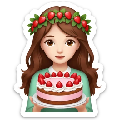 A beautiful girl with long brown hair and a wreath holding a strawberry cake sticker