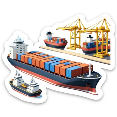 A 3D cartoon cargo or passenger seaport terminal with cranes and ships docked, calm lighting, Memoji-style realism. sticker