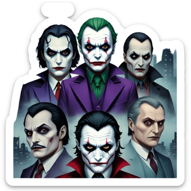 Thriller Movie Icon: A dark, intense collage with close-up images of iconic thriller characters like Joker, Hannibal Lecter, and Vlad Dracula. The background features a moody Gotham City skyline, with shadowy figures and fog. Atmospheric, suspenseful tone. Transparent background. sticker