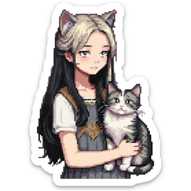 Beautiful girl with long black hair petting a gray and blonde mixed cat sticker