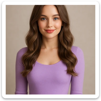 A pretty woman with a sweet smile, long slightly curly ash brown hair, blue eyes, nude lipstick, in a snug lilac dress, radiating chic and elegant vibes. sticker