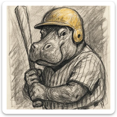 hippo holding a baseball bat, wearing a yellow helmet, pinstripes outfit sticker