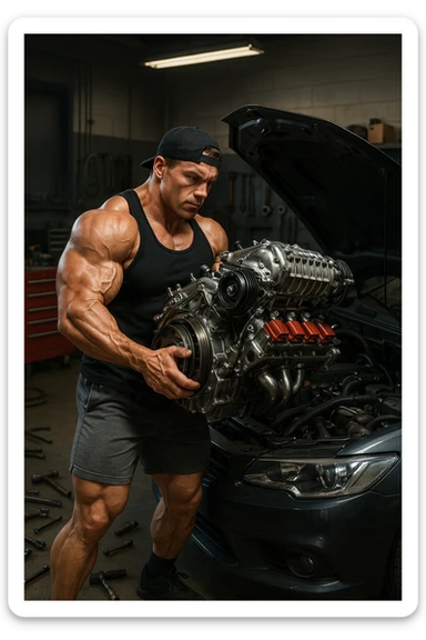 a muscular bodybuilder in gym attire stands next to a car with the hood open, lifting a large, shiny, high-performance engine with ease. His expression is focused and determined as he installs the new engine. The background is a modern garage, with tools and car parts scattered around, emphasizing strength and mechanical skill. sticker