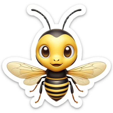 Cinematic Cute Wasp Portrait Emoji, Head tilted playfully and inquisitively, featuring a compact, delicately striped body with softened, endearing eyes and petite, translucent wings, Simplified yet irresistibly adorable features, highly detailed, glowing with a warm, inviting glow, high shine, affectionate and lively, stylized with a touch of whimsical insect charm, soft glowing outline, capturing the essence of a mischievous wasp that seems as if it could buzz out of the screen with a playful wink! sticker