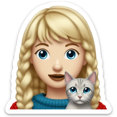 girl with blonde hair and bangs (a fringe) with blue eyes, long eyelashes and red lipstick in a red cable knit sweater holding a grey cat sticker