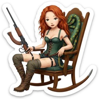 cinematic realistic ultra HD very old and tired Tori Amos casually crouches on a rocking chair in a torn corset, holding a double-barreled rifle and with muddy feet. a big snake wrapped itself around the chair sticker
