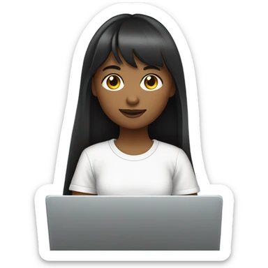 girl with long dark straight hair and bangs, fair skin, working with a laptop (she is a marketer). wearing a white oversized t-shirt sticker