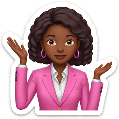 Darkskin black woman wearing a pink suit with a silk press sticker