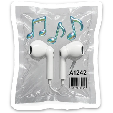 pair of white EarPods with three floating iridescent glass music notes, shiny and puffy, vacuum-sealed style sticker