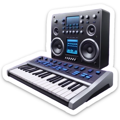 Create a professional and artistic emoji that represents sound design. The design should feature essential sound design equipment, including a high-end Korg synthesizer, a sound mixing console with visible wires, large studio speakers, and a microphone. Surround the equipment with flowing, abstract sound waves and musical notes to symbolize the fluid, creative nature of sound design. Add subtle effects like glowing sound frequencies or swirling patterns to represent the dynamic manipulation of sound. Use sleek, modern colors like black, silver, neon blue, and purple to evoke a sense of innovation and artistic exploration. The background should be transparent. sticker