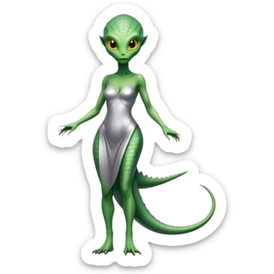 Green Alien reptilian woman without a tail, in silver dress, full figure, yellow eyes sticker