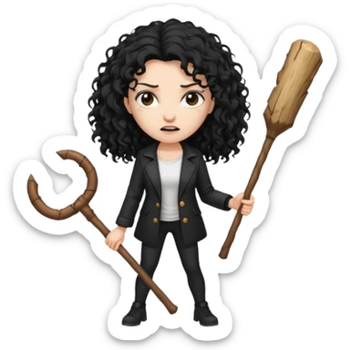 Hey, please generate me an emoji that depicts a woman white skin long black curly disheveled hair slightly thicker, she is wearing a white T-shirt and a black unbuttoned jacket she is furious she is holding a large stick sticker