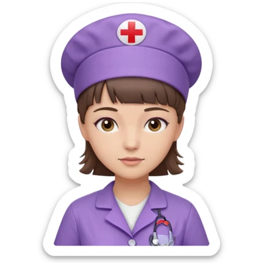 A young female slim nurse with short Brown hair with fringe over her forehead, wearing larvendar purple working cloth, without nurse cap sticker