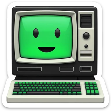 White and black 80s computer with face sticker