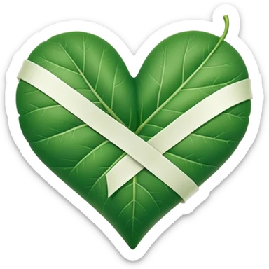  "A minimalist, stylized heart-shaped green leaf with a gentle, curved white bandage or ribbon wrapped around the center. The design should look warm and nurturing. Flat, clean emoji style for natural healing. Transparent background." sticker