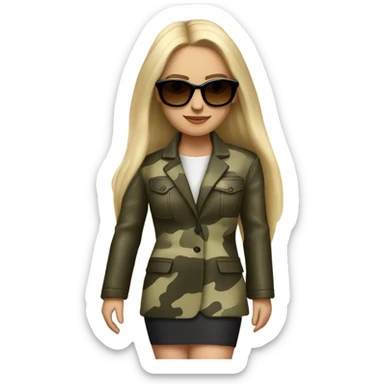 Realistic White woman with Long straight blonde hair and round sunglasses, camouflage Wool oversize blazer, mini skirt and Brown heeled leather boots  sticker