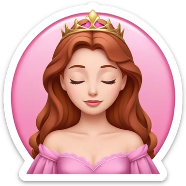 Cinematic Radiant Sleeping Beauty Portrait Emoji, rendered in a realistic, vector style with clean proportions. Show Aurora with a gentle smile, porcelain skin, and beautifully styled auburn hair, wearing her classic pink gown. The image glows with a soft, inviting radiance and high shine, accentuated by a soft glowing outline that enhances her graceful charm. sticker