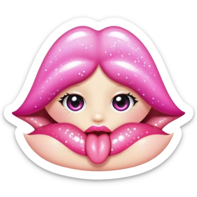 sparkly glossed lips emoji, tongue peek, kawaii shine sticker
