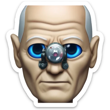 Jean luc picard from Star Trek assimilated by the Borg, with mechanical metal covering only one eye with a red glass lens over the same eye. His other eye looks like a normal human eye and is dark blue. sticker