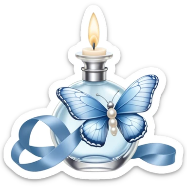A pearl-colored butterfly, its wings dusted with a whisper of silver, rests gently on the loop of a powder-blue silk ribbon. The ribbon, wrapped around the stem of a crystal perfume bottle, catches the flickering candlelight, while another butterfly, lighter than air, flutters delicately in the background, leaving behind an invisible trace of magic. sticker