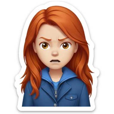 Redhead girl with long hair in blue jacket looking angry sticker