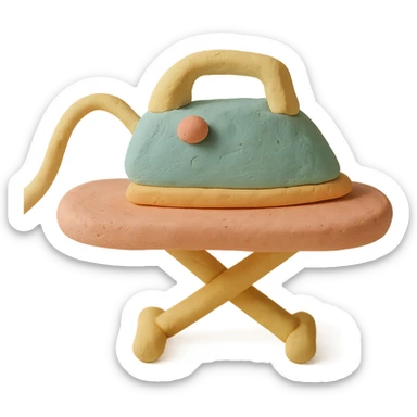 iron and ironing board in claymation style, pastel colors, visible fingerprints, soft matte finish sticker