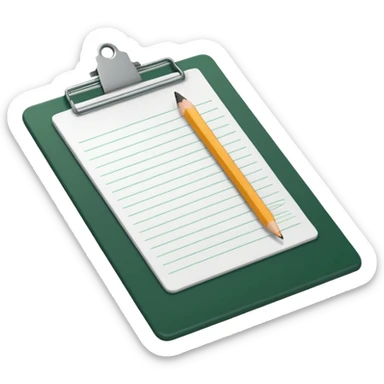 white sheet of paper with dark green clipboard, pencil lying on paper, iOS emoji style, minimalism sticker