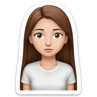 Chica de pelo liso ,largo y marrón con ojos color marrón  y una camiseta blanca y la piel blanca con pestañas sticker