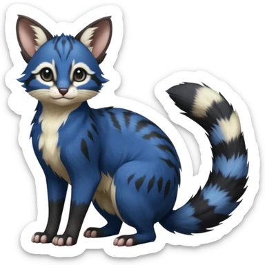 Dark-cobalt-blue, black-pointed, soft realistic romantic vintage antique divine beautiful elegant pretty precious cute young youthful  Fakémon-Pokémon-Furret-opossum-feline-serval-caracal-chinchilla-Minccino-Cinccino-Meowstic-rodent-hybrid-creature with a big fluffy bushy tail (full body) sticker