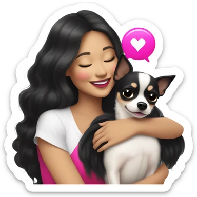 Thick medium black hair and hot pink lips and pink cheek smiling mature Filipino lady hugging black and white Chihuahua  sticker