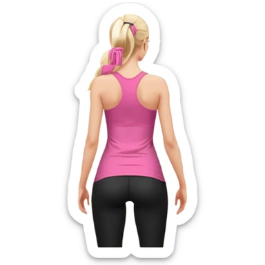 Render from knees up, view from the back, fair skinned woman, thin, long blond hair, cooking dinner in kitchen, pink loose tank top, showing natural B cup breast shape SFW, black yoga pants, perfect booty, looking back sticker