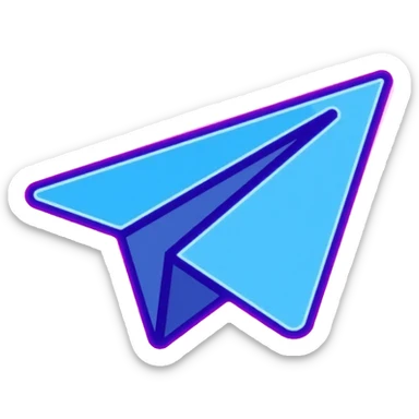 Telegram paper airplane logo in classic blue color, with neon glow lines, blue neon glow on top left, purple neon glow on bottom right sticker