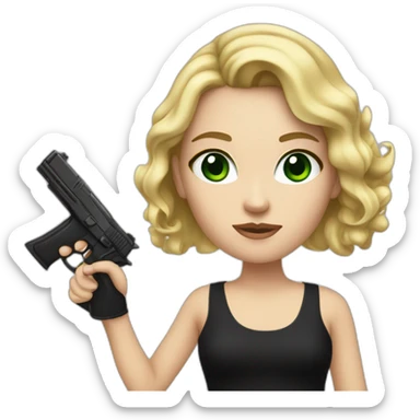 A white girl with blonde hair and green eyes, wearing a short black dress and holding a gun in her hand sticker