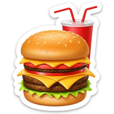 A clean and simple icon of fast food in emoji-style illustration. A burger with fries and a soda cup, bright and bold colors, simple shapes, flat design, high contrast, inviting and appetizing. sticker