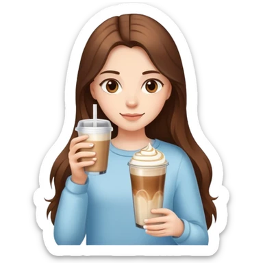 girl with long brown hair has ice latte coffee in glasse cup sticker