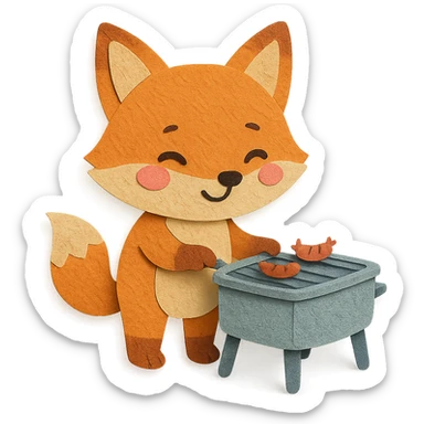 pastel grey electric grill fox cooking tiny sausages, blushing, full-body sticker