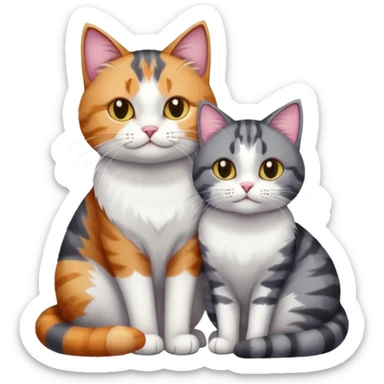 full body colourful light patched calico + white tabby cat cuddling a bigger cat that is dark grey and white tabby cat  and they are in love sticker