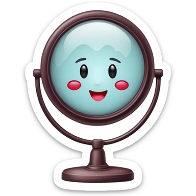 Minimalist emoji-style sticker of a vanity mirror with dim bulbs and cracked glass, words “Am I real yet?” smeared in dusty lipstick tone


 sticker