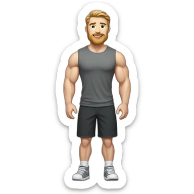 Full height Pale skinned fit man With biceps, Realistic eyes and mouth, light brown hair and stubble In dark gray sleeveless mike, black oversize sports shorts, watch and white sneakers. sticker