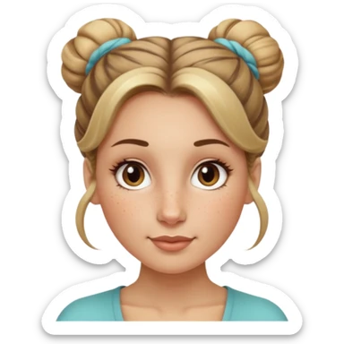 creative women with long dark Blond with highlights semi curly hair white women with hair in a top bun, oval shape face hazel eyes long lashes freckles on the nose high cheek bones sticker