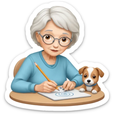 An elderly woman sketching her puppy face on the spiral pad. sticker