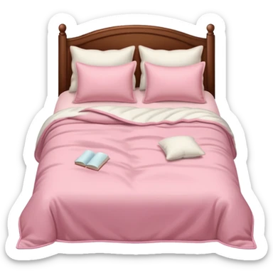  pink cozy bed with soft pillows and a fluffy blanket, neatly made, realistic  sticker